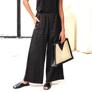 Free The Label Monaco Pants Wide Leg Crop Palazzo Linen High Rise Black Size M